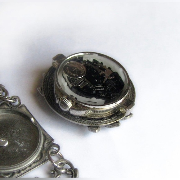 Silver Filagree Wrist Watch Bracelet w/Aquamarine Swarovski Crystals - Picture 6 of 7